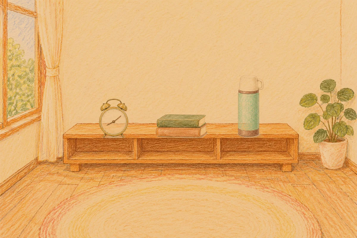 마장동 여성전용 경락 가격 안내 그림, 저녁의 창가 낮은 선반 위에 놓인 둥근 알람시계, 책 두 권, 보온병