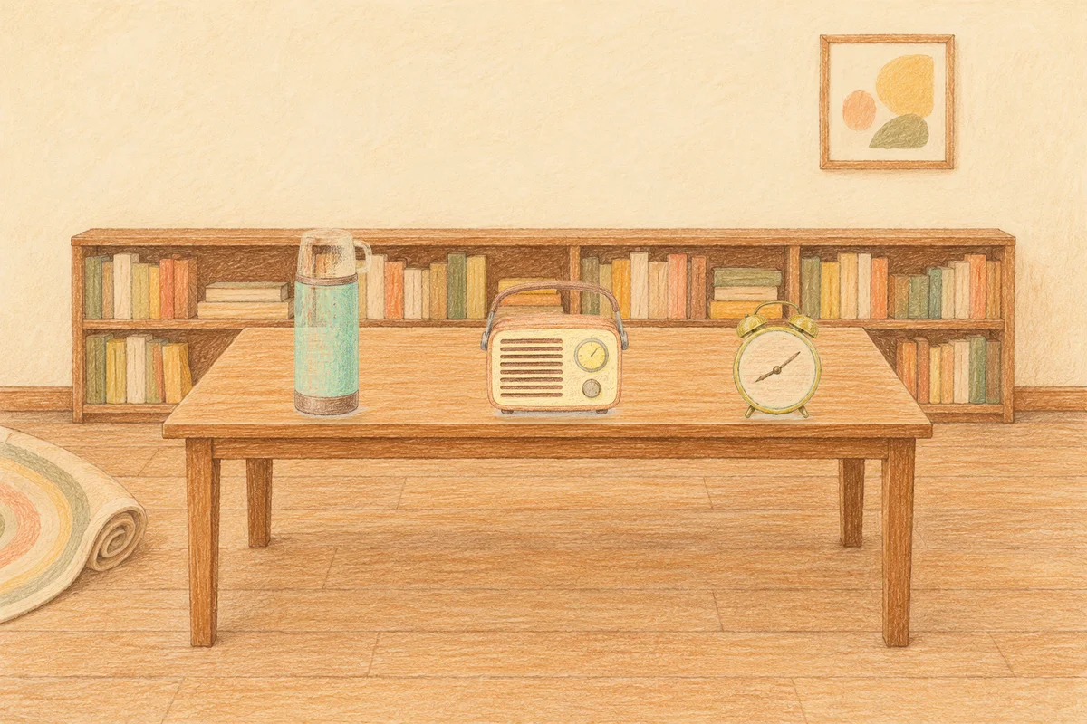 마장동 여성전용 프라이빗 케어 안내 그림, 낮의 서재 긴 책상 위에 놓인 보온병, 작은 라디오, 둥근 알람시계