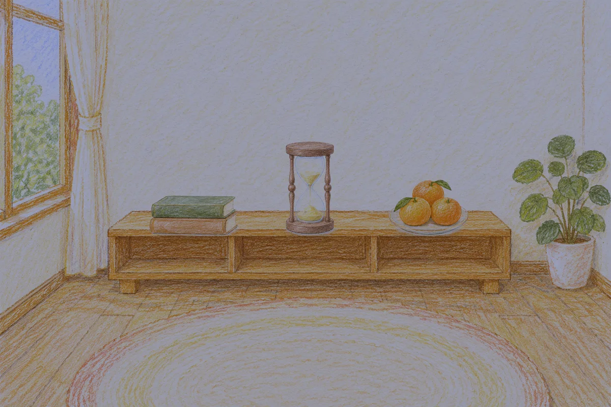 마장동 여성전용 발마사지 안내 그림, 밤의 창가 낮은 선반 위에 놓인 책 두 권, 모래시계, 귤이 담긴 접시