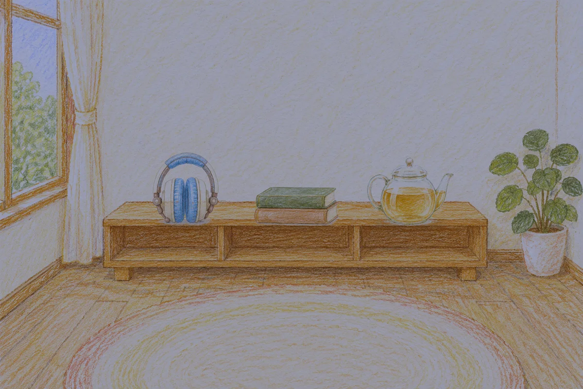 마장동 여성전용 발관리 후기 안내 그림, 밤의 창가 낮은 선반 위에 놓인 헤드폰, 책 두 권, 유리 티포트
