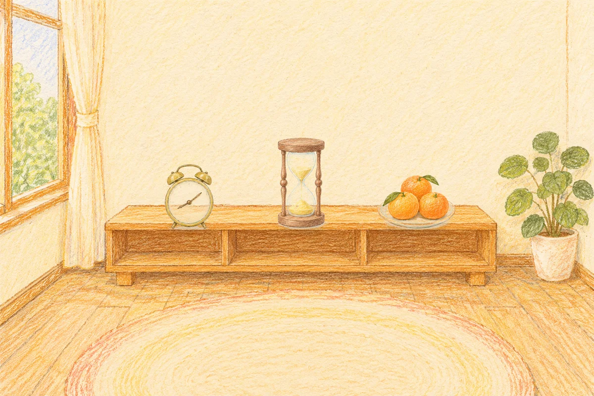 마장동 여성전용 발관리 추천 안내 그림, 낮의 창가 낮은 선반 위에 놓인 둥근 알람시계, 모래시계, 귤이 담긴 접시