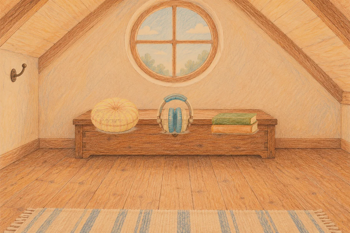 마장동 여성전용 림프 마사지 안내 그림, 저녁의 다락방 나무 궤짝 위에 놓인 둥근 쿠션, 헤드폰, 책 두 권