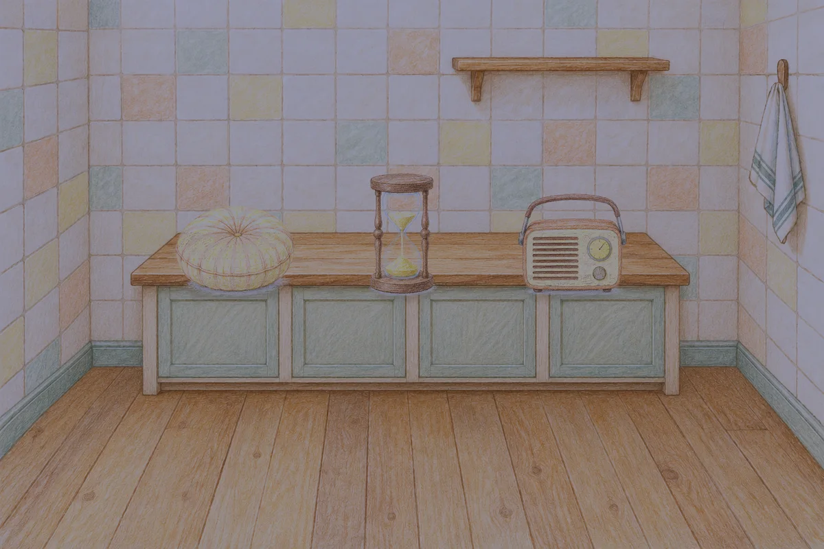 마장동 여성전용 종아리 케어 안내 그림, 밤의 부엌 나무 조리대 위에 놓인 둥근 쿠션, 모래시계, 작은 라디오