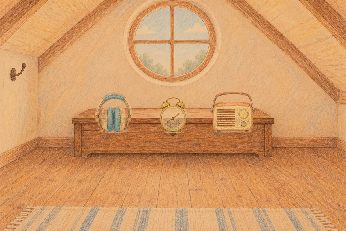 마장동 여성전용 등 마사지 안내 그림, 저녁의 다락방 나무 궤짝 위에 놓인 헤드폰, 둥근 알람시계, 작은 라디오