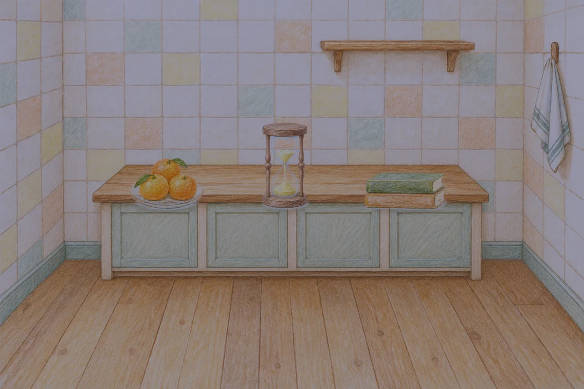 마장동 여성전용 목 어깨 케어 안내 그림, 밤의 부엌 나무 조리대 위에 놓인 귤이 담긴 접시, 모래시계, 책 두 권