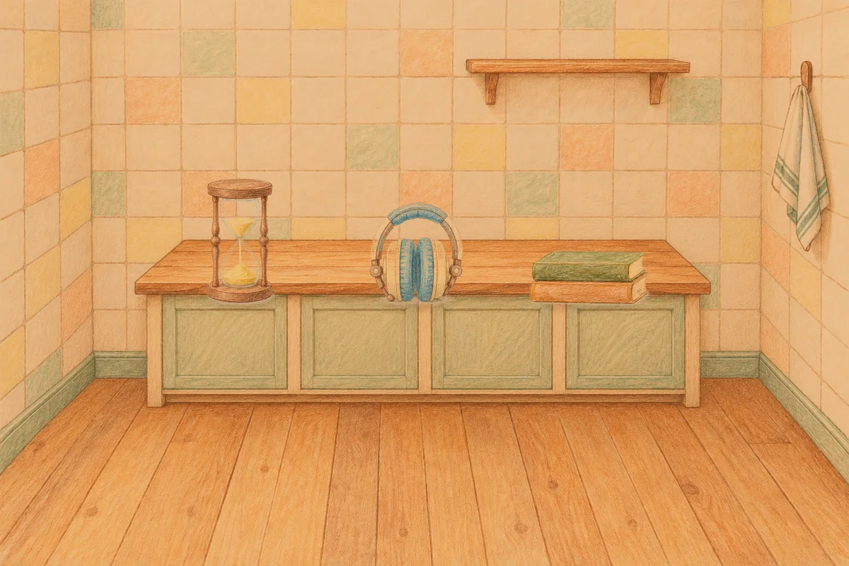 마장동 여성전용 두통 완화 마사지 안내 그림, 저녁의 부엌 나무 조리대 위에 놓인 모래시계, 헤드폰, 책 두 권