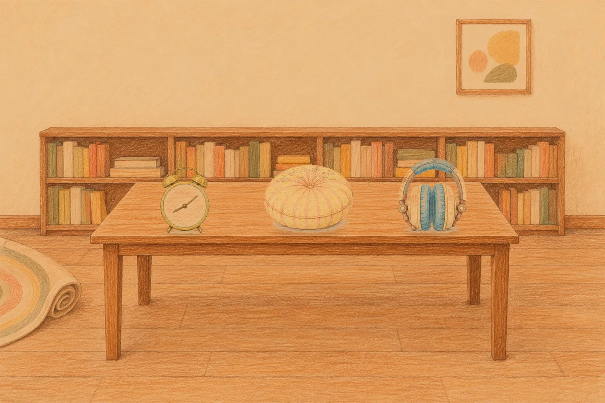 마장동 여성전용 수면 케어 안내 그림, 저녁의 서재 긴 책상 위에 놓인 둥근 알람시계, 둥근 쿠션, 헤드폰