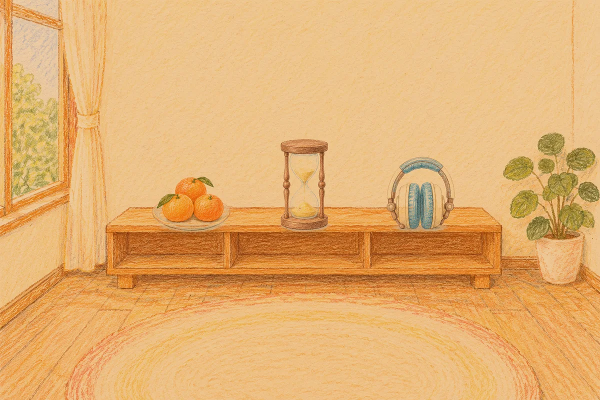 마장동 여성전용 스트레스 케어 안내 그림, 저녁의 창가 낮은 선반 위에 놓인 귤이 담긴 접시, 모래시계, 헤드폰