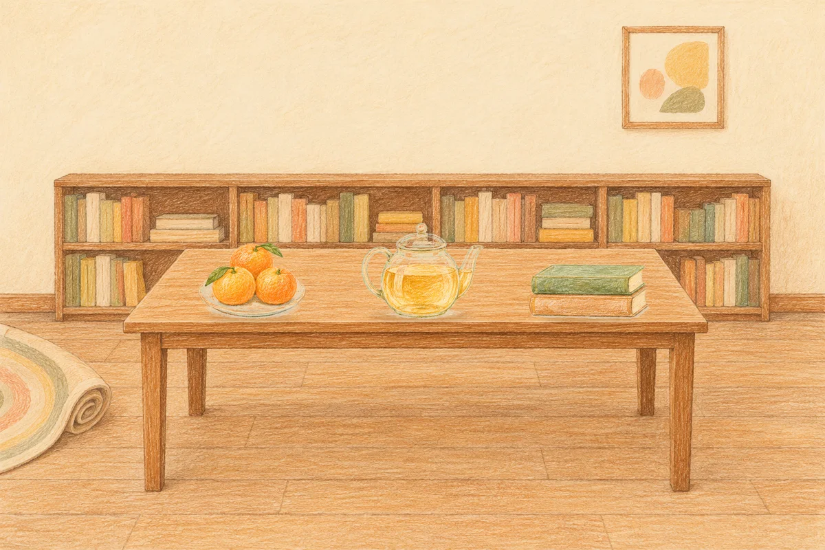 마장동 여성전용 피로 회복 마사지 안내 그림, 낮의 서재 긴 책상 위에 놓인 귤이 담긴 접시, 유리 티포트, 책 두 권