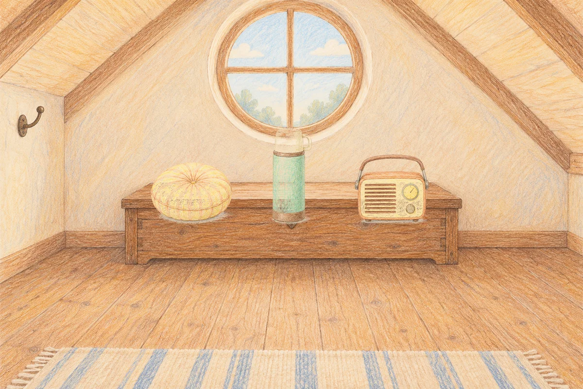 마장동 여성전용 페이셜 마사지 안내 그림, 낮의 다락방 나무 궤짝 위에 놓인 둥근 쿠션, 보온병, 작은 라디오