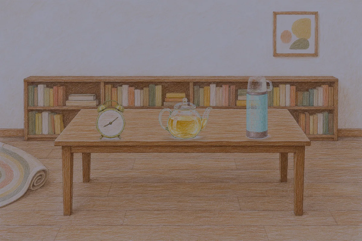 마장동 여성전용 안티에이징 케어 안내 그림, 밤의 서재 긴 책상 위에 놓인 둥근 알람시계, 유리 티포트, 보온병