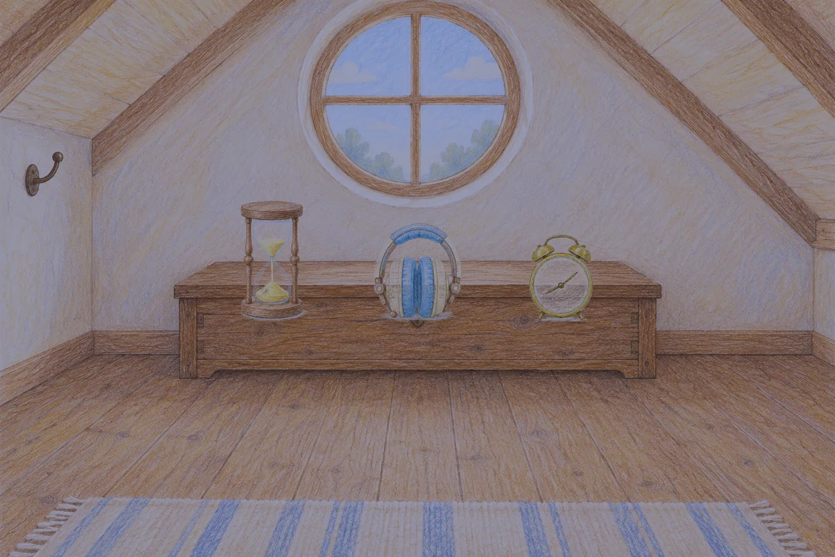 마장동 여성전용 브라이덜 케어 안내 그림, 밤의 다락방 나무 궤짝 위에 놓인 모래시계, 헤드폰, 둥근 알람시계