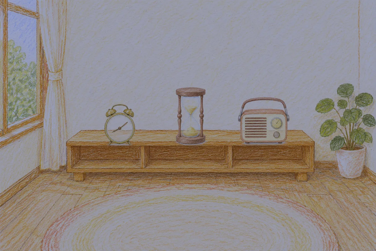 마장동 여성전용 피부 관리 안내 그림, 밤의 창가 낮은 선반 위에 놓인 둥근 알람시계, 모래시계, 작은 라디오