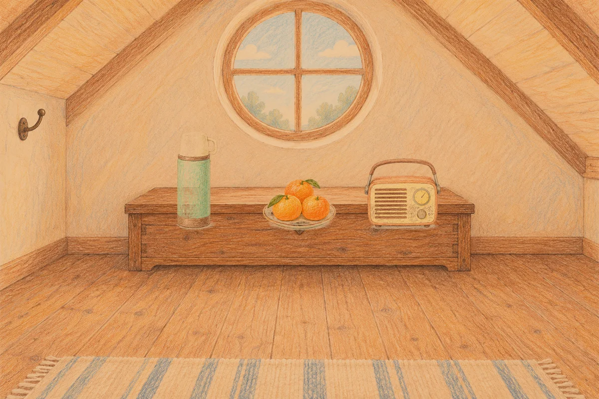 마장동 여성전용 예약 마사지 안내 그림, 저녁의 다락방 나무 궤짝 위에 놓인 보온병, 귤이 담긴 접시, 작은 라디오