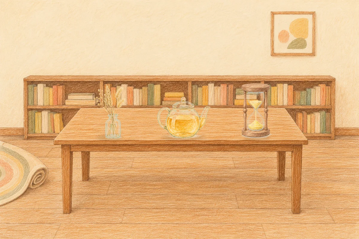 마장동 여성전용 추천 마사지 안내 그림, 낮의 서재 긴 책상 위에 놓인 마른 풀을 꽂은 항아리, 유리 티포트, 모래시계