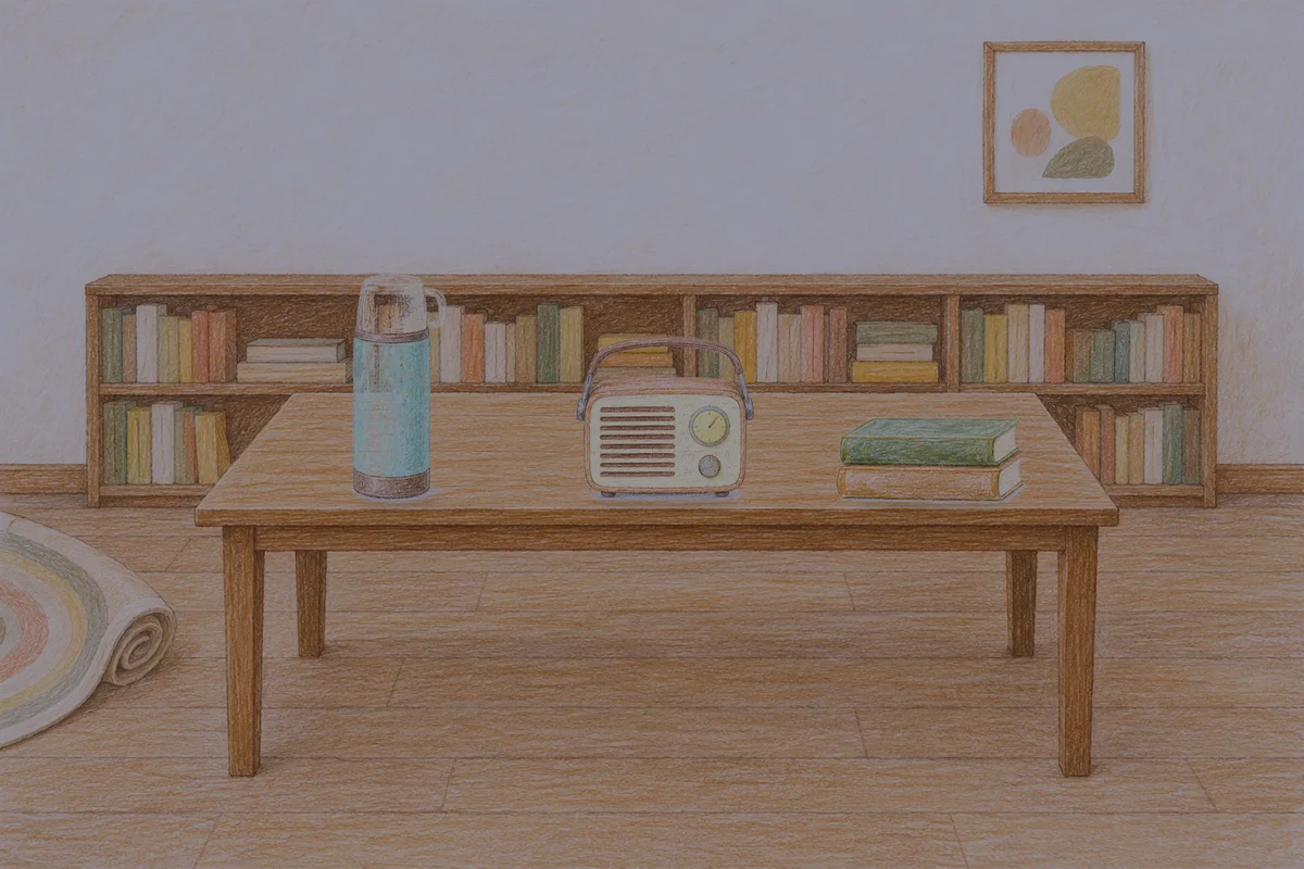 마장동 여성전용 출장 마사지 후기 안내 그림, 밤의 서재 긴 책상 위에 놓인 보온병, 작은 라디오, 책 두 권