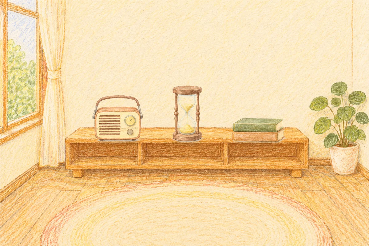응봉동 여성전용 아로마 마사지 안내 그림, 낮의 창가 낮은 선반 위에 놓인 작은 라디오, 모래시계, 책 두 권