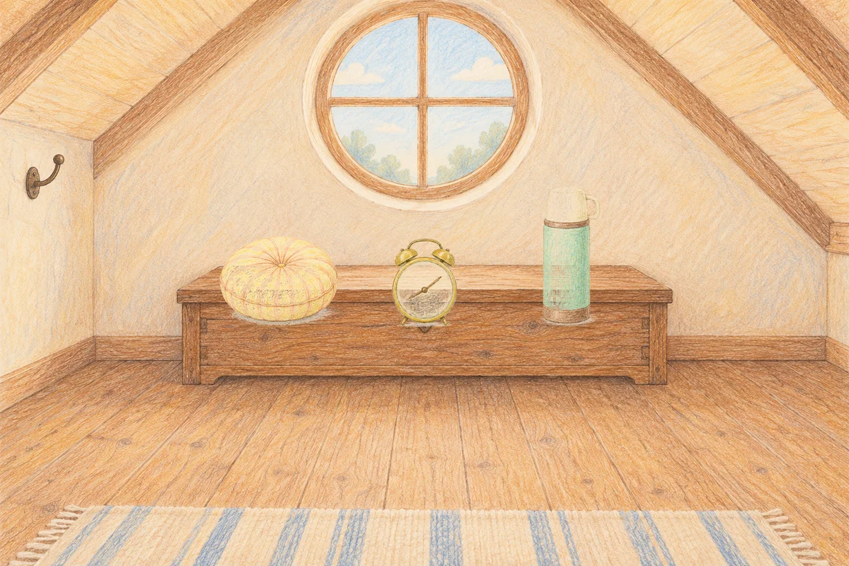 응봉동 여성전용 아로마 가격 안내 그림, 낮의 다락방 나무 궤짝 위에 놓인 둥근 쿠션, 둥근 알람시계, 보온병