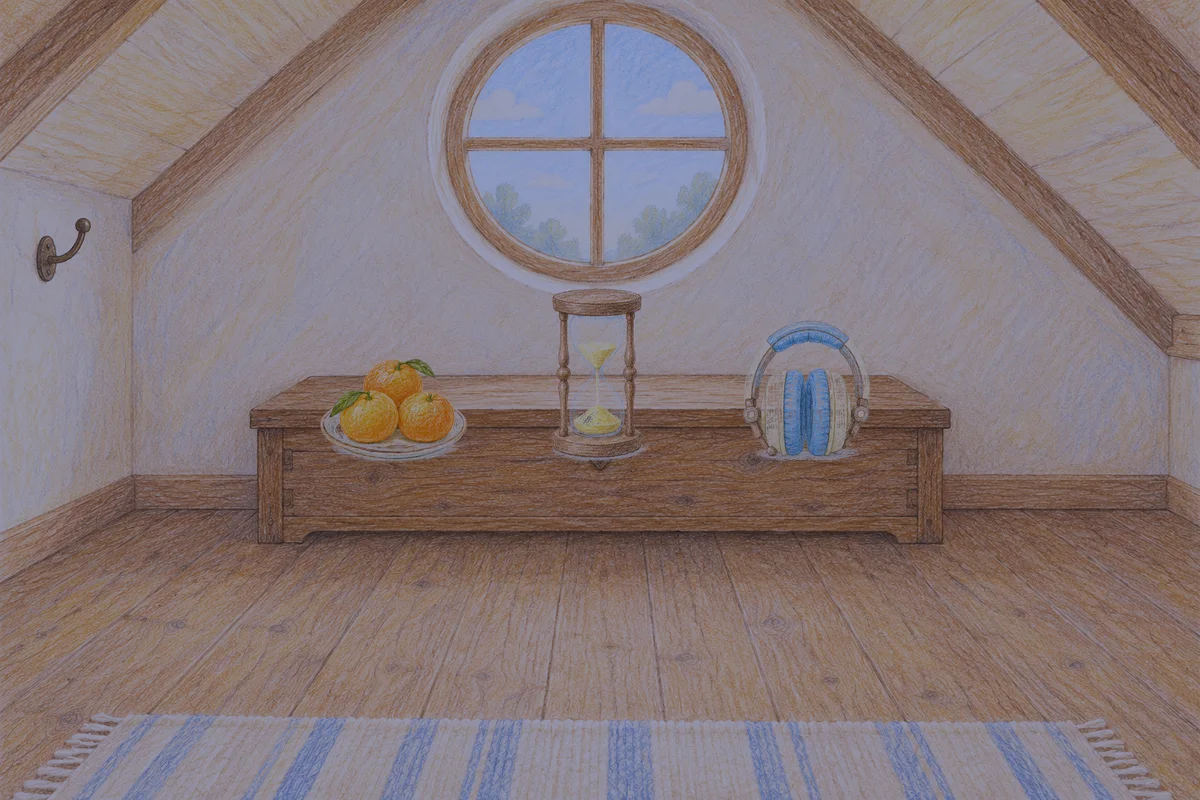 응봉동 여성전용 경락마사지 안내 그림, 밤의 다락방 나무 궤짝 위에 놓인 귤이 담긴 접시, 모래시계, 헤드폰