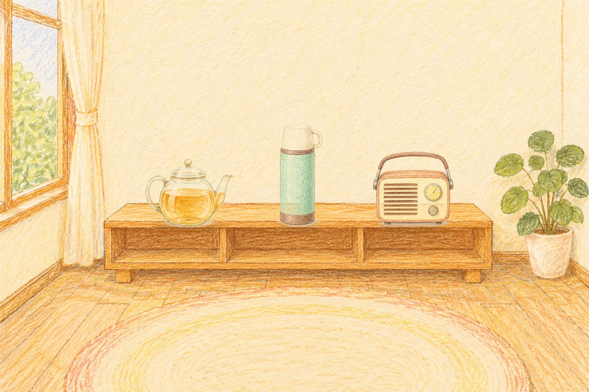 응봉동 여성전용 경락 마사지 안내 그림, 낮의 창가 낮은 선반 위에 놓인 유리 티포트, 보온병, 작은 라디오