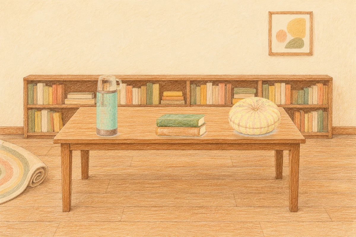 응봉동 여성전용 경락 케어 안내 그림, 낮의 서재 긴 책상 위에 놓인 보온병, 책 두 권, 둥근 쿠션