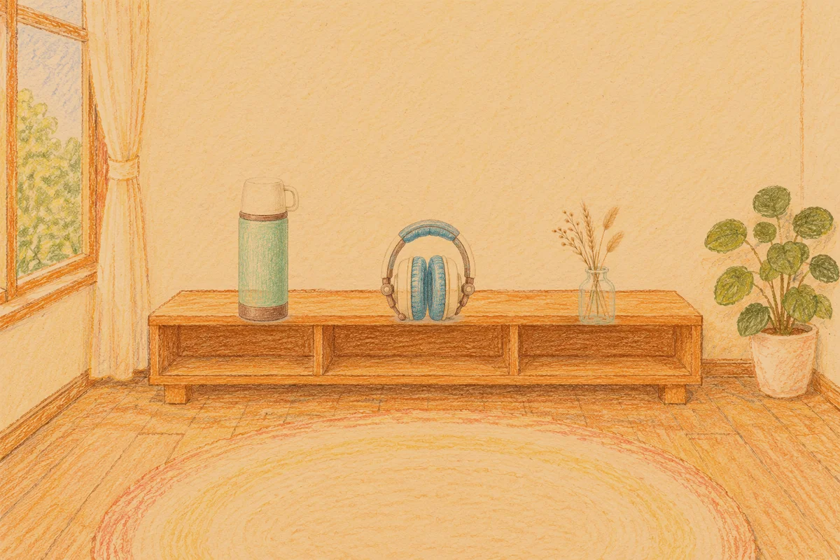 응봉동 여성전용 경락마사지 후기 안내 그림, 저녁의 창가 낮은 선반 위에 놓인 보온병, 헤드폰, 마른 풀을 꽂은 항아리