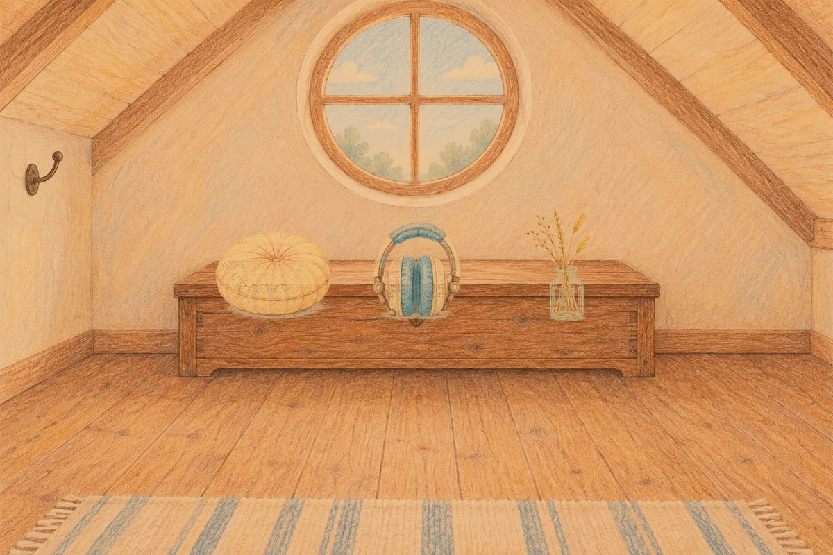 응봉동 여성전용 방문 마사지 안내 그림, 저녁의 다락방 나무 궤짝 위에 놓인 둥근 쿠션, 헤드폰, 마른 풀을 꽂은 항아리