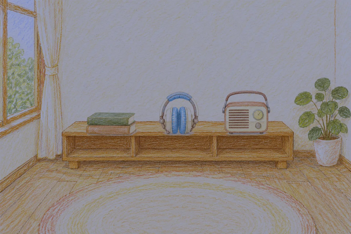 응봉동 여성전용 홈케어 후기 안내 그림, 밤의 창가 낮은 선반 위에 놓인 책 두 권, 헤드폰, 작은 라디오
