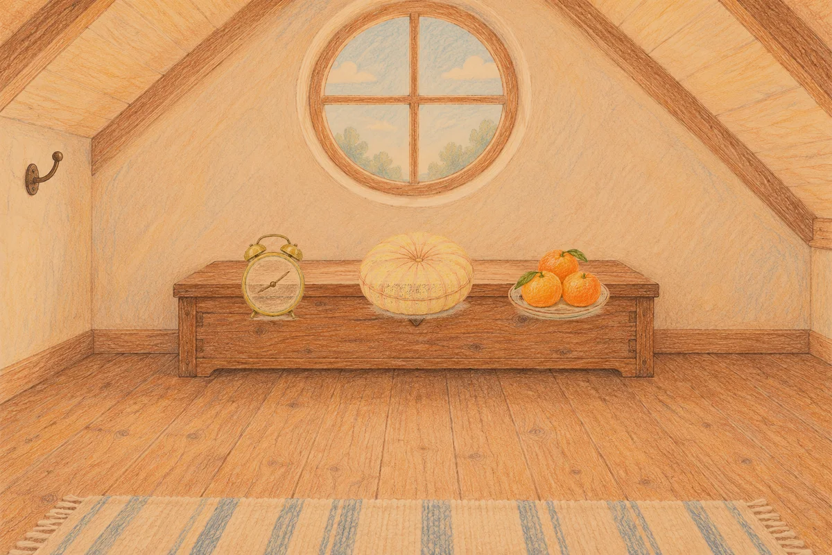 응봉동 여성전용 발 케어 안내 그림, 저녁의 다락방 나무 궤짝 위에 놓인 둥근 알람시계, 둥근 쿠션, 귤이 담긴 접시