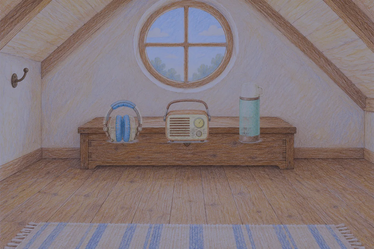 응봉동 여성전용 발관리 후기 안내 그림, 밤의 다락방 나무 궤짝 위에 놓인 헤드폰, 작은 라디오, 보온병