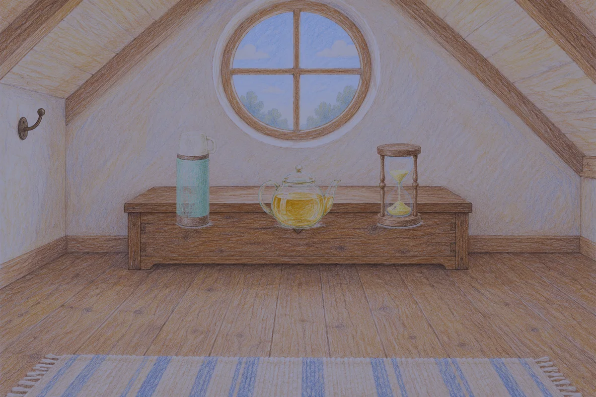응봉동 여성전용 발관리 추천 안내 그림, 밤의 다락방 나무 궤짝 위에 놓인 보온병, 유리 티포트, 모래시계