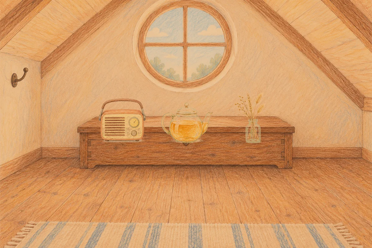 응봉동 여성전용 복부 마사지 안내 그림, 저녁의 다락방 나무 궤짝 위에 놓인 작은 라디오, 유리 티포트, 마른 풀을 꽂은 항아리