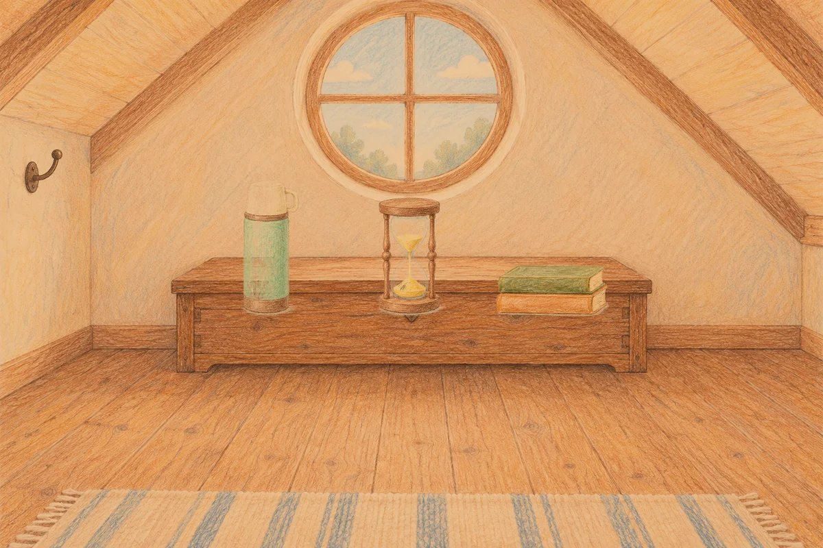 응봉동 여성전용 등 마사지 안내 그림, 저녁의 다락방 나무 궤짝 위에 놓인 보온병, 모래시계, 책 두 권
