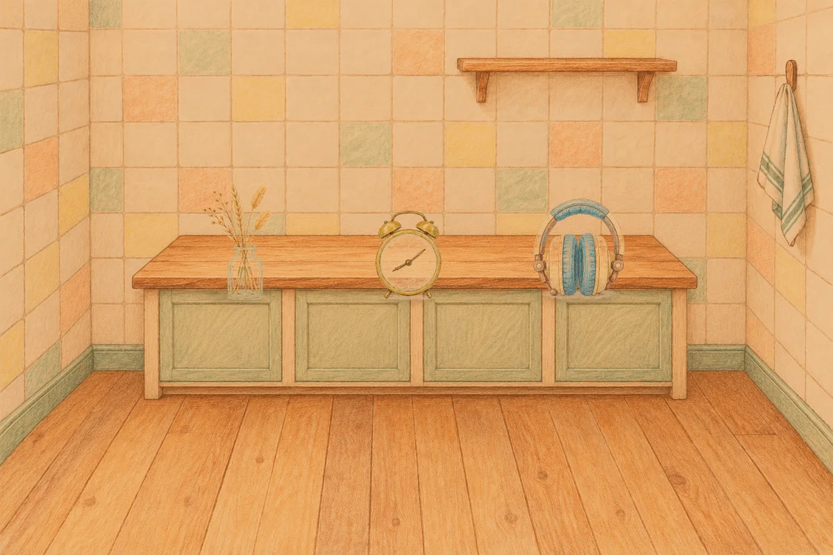 응봉동 여성전용 두피 케어 안내 그림, 저녁의 부엌 나무 조리대 위에 놓인 마른 풀을 꽂은 항아리, 둥근 알람시계, 헤드폰