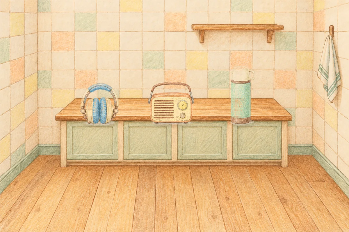 응봉동 여성전용 목 어깨 케어 안내 그림, 낮의 부엌 나무 조리대 위에 놓인 헤드폰, 작은 라디오, 보온병