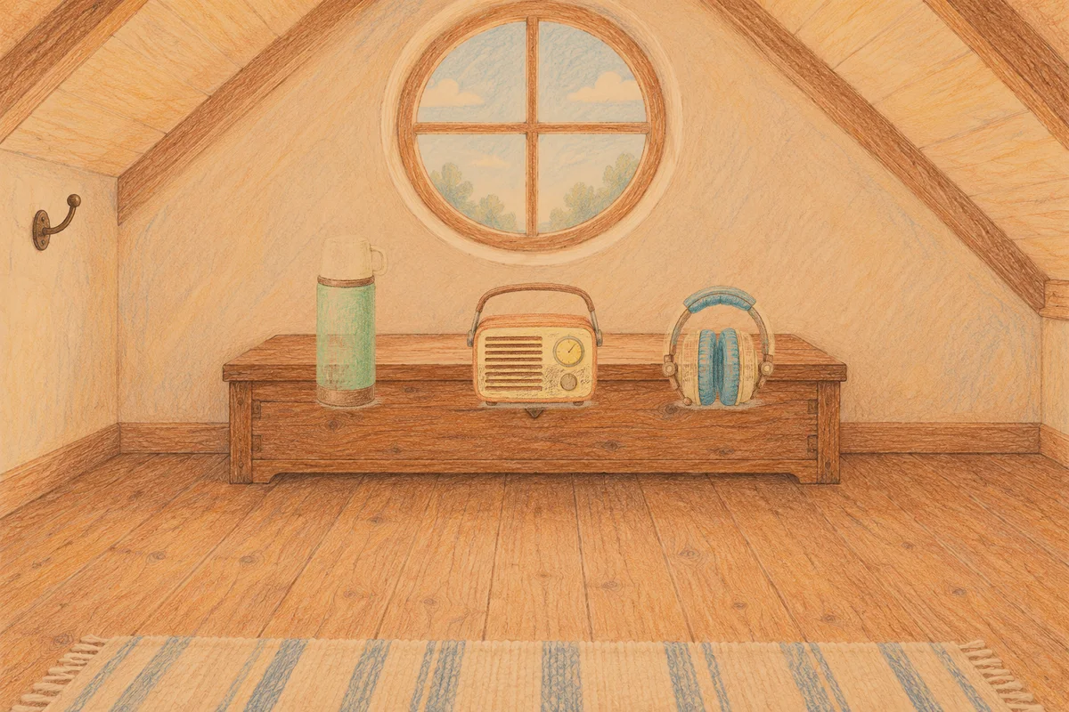 응봉동 여성전용 수면 케어 안내 그림, 저녁의 다락방 나무 궤짝 위에 놓인 보온병, 작은 라디오, 헤드폰