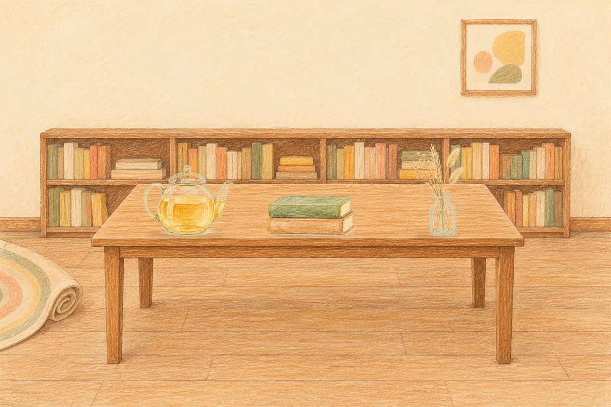 응봉동 여성전용 스트레스 케어 안내 그림, 낮의 서재 긴 책상 위에 놓인 유리 티포트, 책 두 권, 마른 풀을 꽂은 항아리