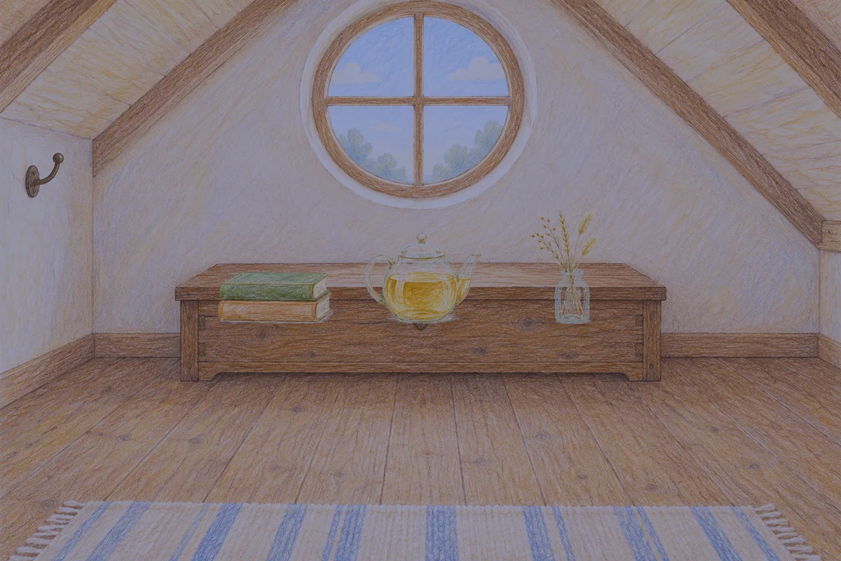 응봉동 여성전용 얼굴 마사지 안내 그림, 밤의 다락방 나무 궤짝 위에 놓인 책 두 권, 유리 티포트, 마른 풀을 꽂은 항아리
