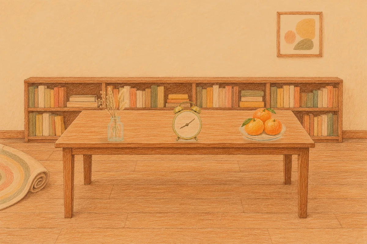 응봉동 여성전용 림프 페이셜 안내 그림, 저녁의 서재 긴 책상 위에 놓인 마른 풀을 꽂은 항아리, 둥근 알람시계, 귤이 담긴 접시