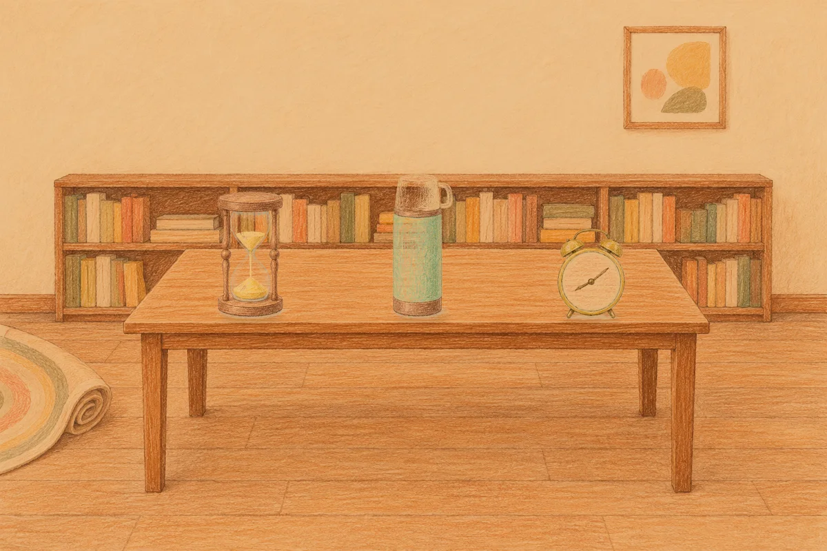 응봉동 여성전용 안티에이징 케어 안내 그림, 저녁의 서재 긴 책상 위에 놓인 모래시계, 보온병, 둥근 알람시계