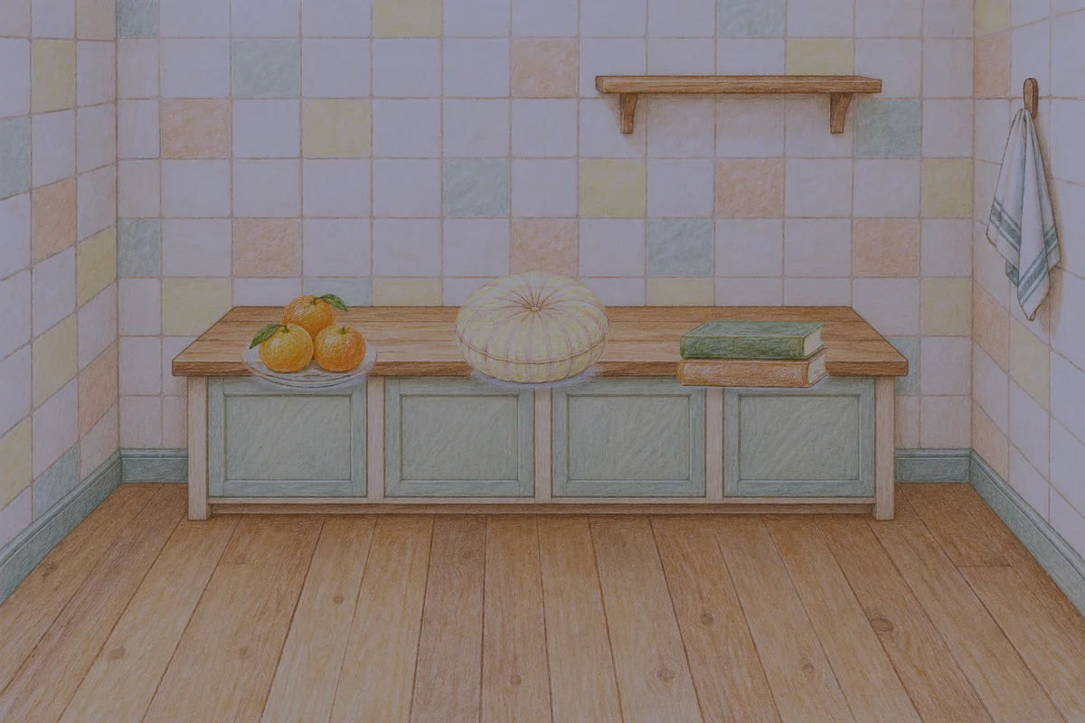응봉동 여성전용 브라이덜 케어 안내 그림, 밤의 부엌 나무 조리대 위에 놓인 귤이 담긴 접시, 둥근 쿠션, 책 두 권