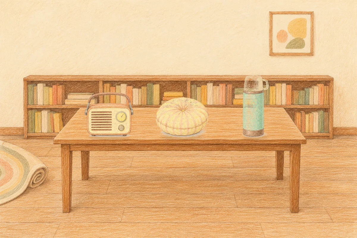 응봉동 여성전용 샵 마사지 안내 그림, 낮의 서재 긴 책상 위에 놓인 작은 라디오, 둥근 쿠션, 보온병