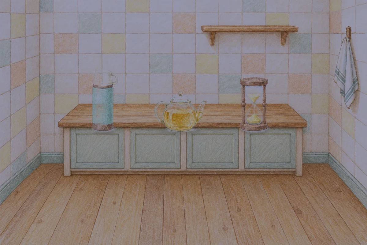 응봉동 여성전용 예약 마사지 안내 그림, 밤의 부엌 나무 조리대 위에 놓인 보온병, 유리 티포트, 모래시계