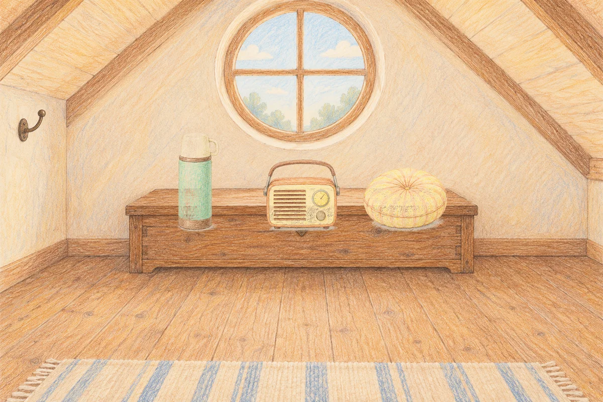 송정동 여성전용 스웨디시 마사지 안내 그림, 낮의 다락방 나무 궤짝 위에 놓인 보온병, 작은 라디오, 둥근 쿠션