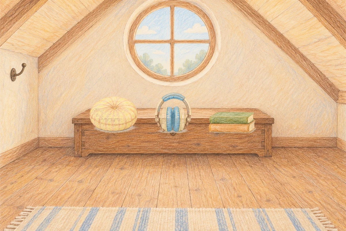 송정동 여성전용 아로마 마사지 안내 그림, 낮의 다락방 나무 궤짝 위에 놓인 둥근 쿠션, 헤드폰, 책 두 권