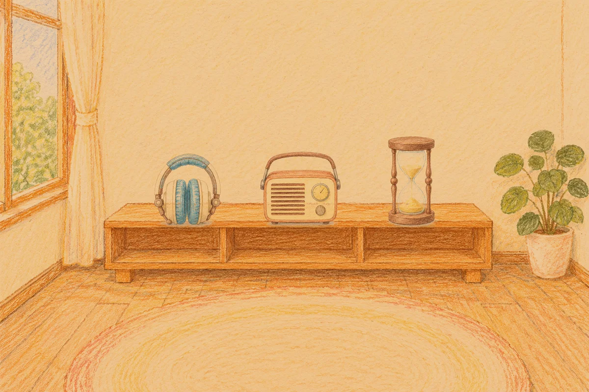 송정동 여성전용 아로마테라피 안내 그림, 저녁의 창가 낮은 선반 위에 놓인 헤드폰, 작은 라디오, 모래시계