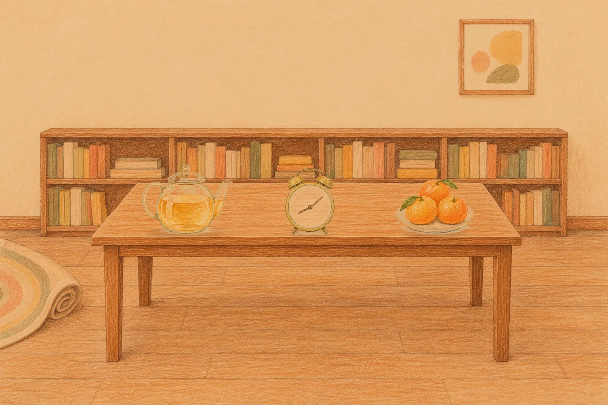 송정동 여성전용 스웨디시 추천 안내 그림, 저녁의 서재 긴 책상 위에 놓인 유리 티포트, 둥근 알람시계, 귤이 담긴 접시