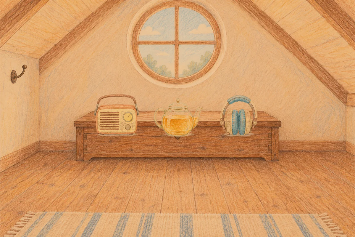 송정동 여성전용 경락마사지 안내 그림, 저녁의 다락방 나무 궤짝 위에 놓인 작은 라디오, 유리 티포트, 헤드폰