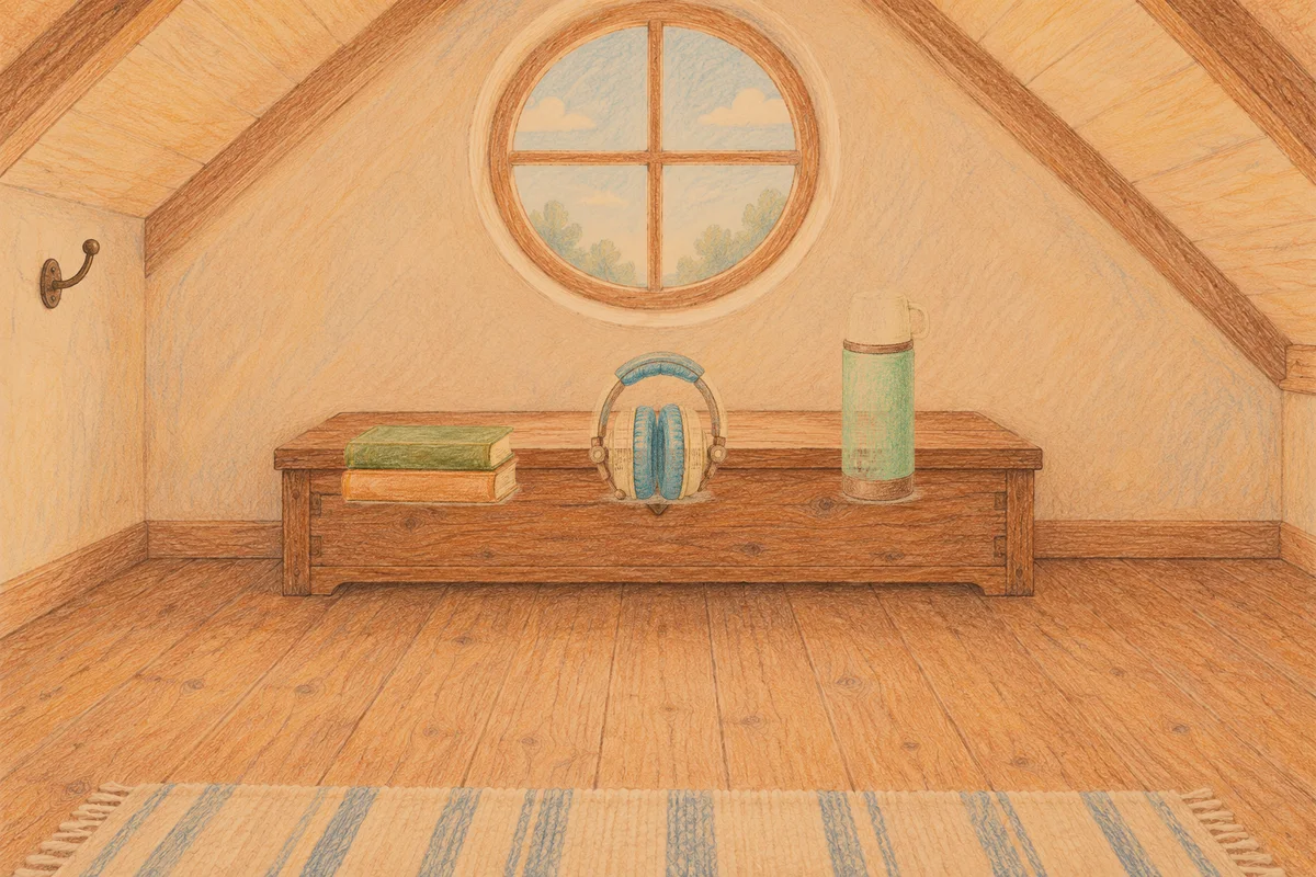 송정동 여성전용 경락 마사지 안내 그림, 저녁의 다락방 나무 궤짝 위에 놓인 책 두 권, 헤드폰, 보온병