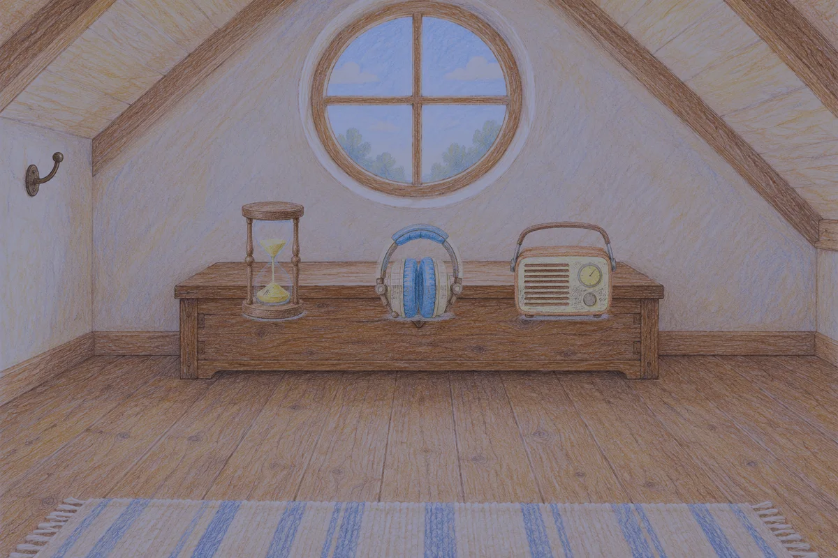 송정동 여성전용 경락 케어 안내 그림, 밤의 다락방 나무 궤짝 위에 놓인 모래시계, 헤드폰, 작은 라디오